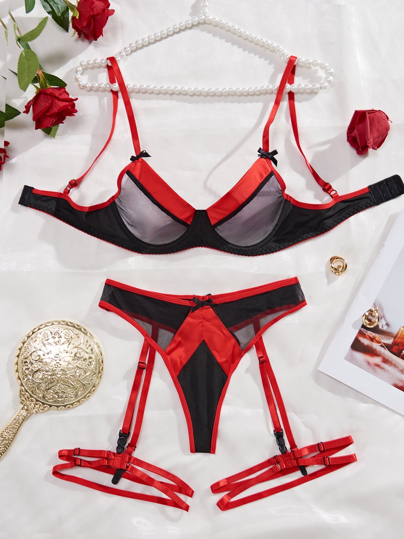 Spicy Edit color material - Scarlett – Black & Red Mesh Lingerie Set | NudeLush